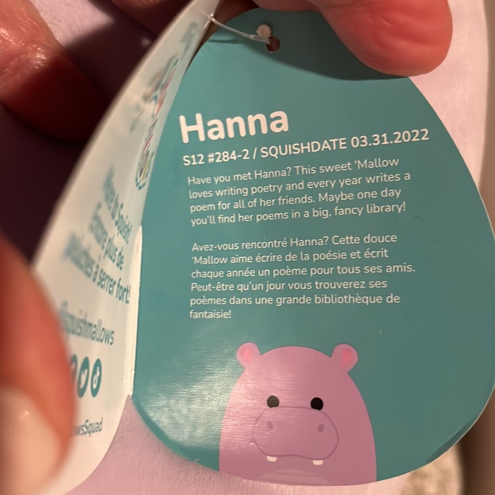 BNWT HANNA 🦛 Purple Hippo Original Squishmallows by Kelly Toy ☆》NWT《☆ 12 inch - Picture 4 of 6